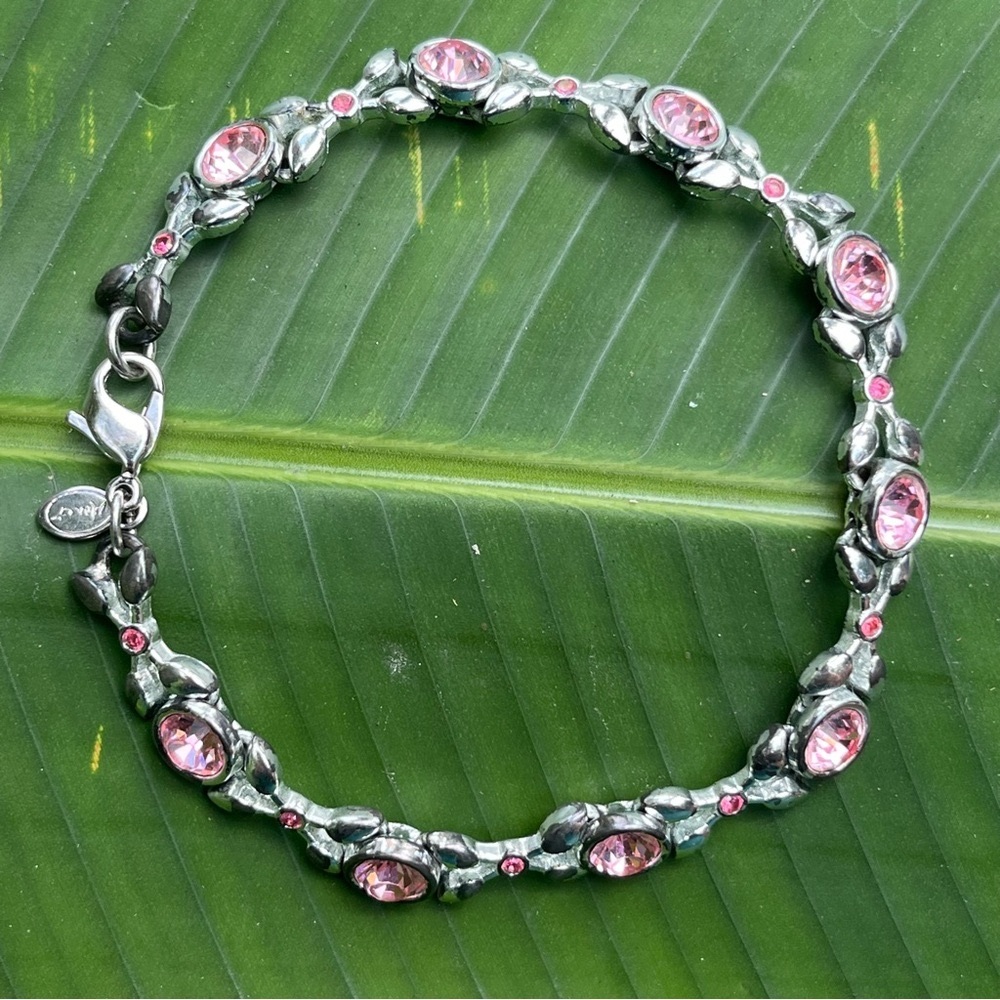 Monet Silver Tone Pink Crystal Bracelet Signed 7.5" Long